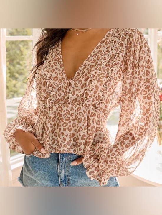 Lulu's Tops - Lulu’s | Women’s Ivory Brown Sheer Blush Animal Print Long Sleeve Blouse Size M